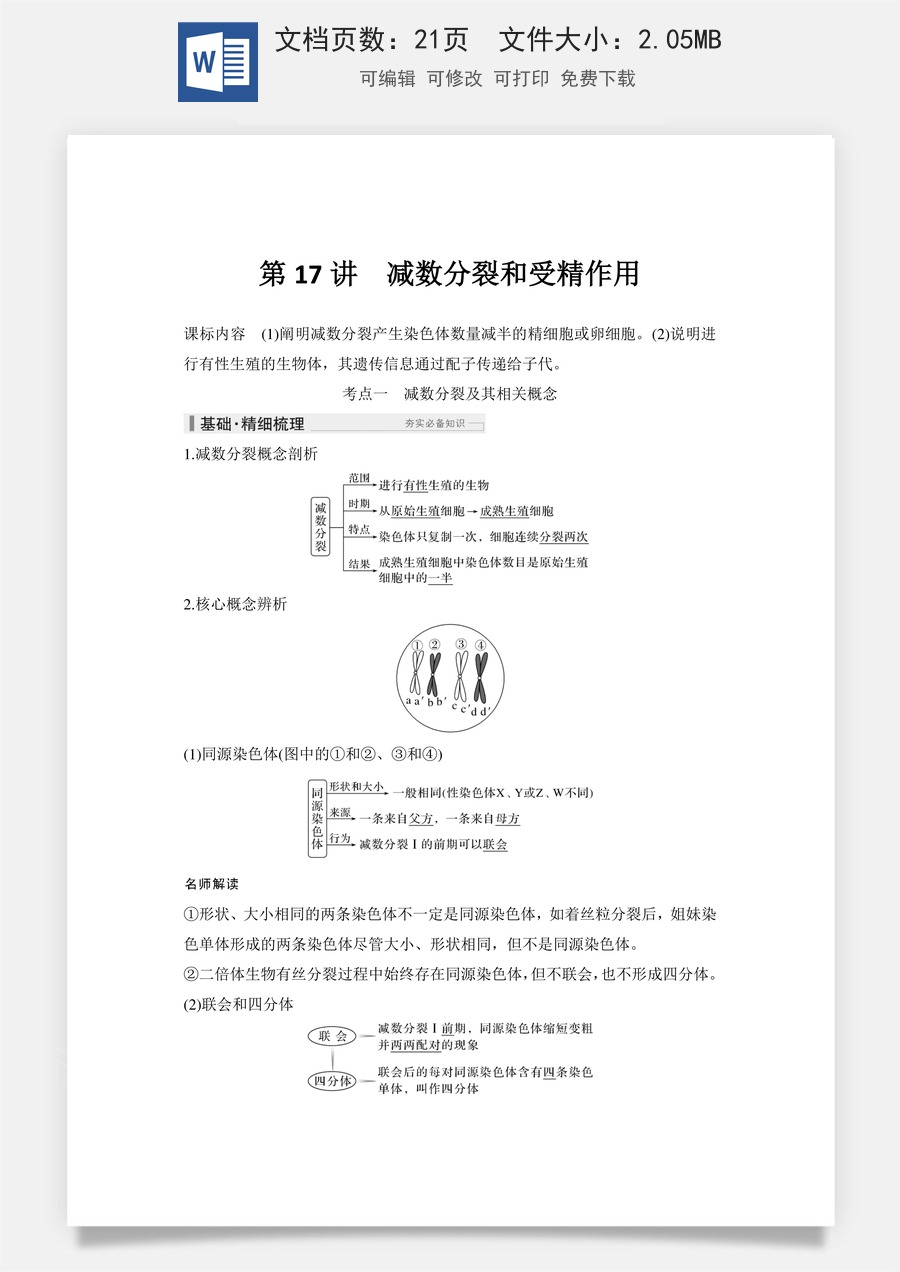 高中-高考总复习-生物-第17讲　减数分裂和受精作用.doc